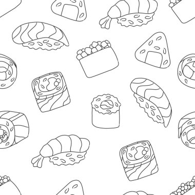 Suşi ve rulo ile çizilmiş çizimsiz desen, vektör illüstrasyonu