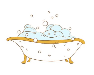 Köpüklü ve köpüklü el çizimi şirin beyaz küvet, beyaz arkaplanda izole edilmiş vektör çizimi