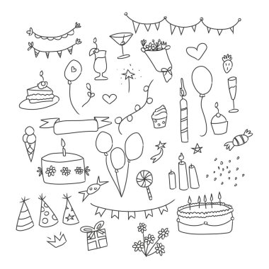 Doğum günü kutlaması taslağı için el çizimi, bütün pastalar ve pastalar, balonlar, mumlar, şekerler. Doğum günü elementleri kümesi, izole vektör illüstrasyonu