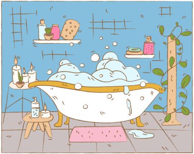 Küveti köpükle dolu, el çizimi güzel bir banyo. Kişisel hijyen, ev içi konsept. Mumlar, şişeler, sünger, duş jelleri, sabun, bitkiler. vektör illüstrasyonu 