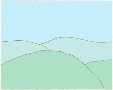 El çizimi, tepeler ve gökyüzü ile sevimli yaz manzarası, vektör çizimi