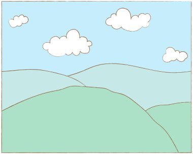 El çizimi, tepeler ve gökyüzü ile sevimli yaz manzarası, vektör çizimi