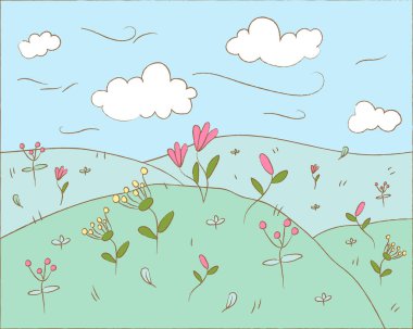 Çiçeklerle kaplı el çizimi şirin yaz alanları, vektör illüstrasyonu