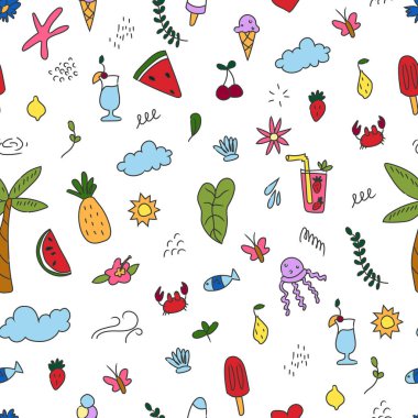 Ananas, çiçek, yapraklar, kokteyller, meyveler, dondurma, palmiye ağacı, vektör illüstrasyonu ile kusursuz yaz deseni 