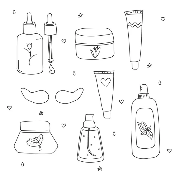 Conjunto Doodle Skincare Products Outline Ilustración Vectorial Aislada Sobre Fondo — Vector de stock