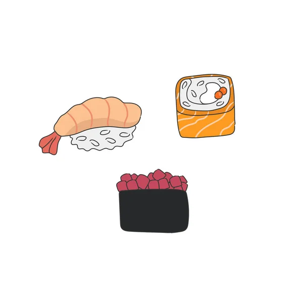 Ensemble Sushis Rouleaux Gribouillis Illustration Vectorielle Isolée Sur Fond Blanc — Image vectorielle