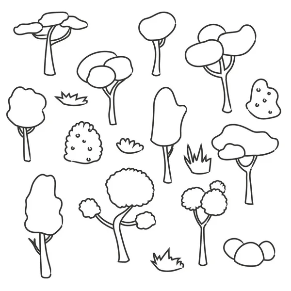 Ensemble Arbres Été Dessinés Main Contour Buissons Herbe Illustration Vectorielle — Image vectorielle