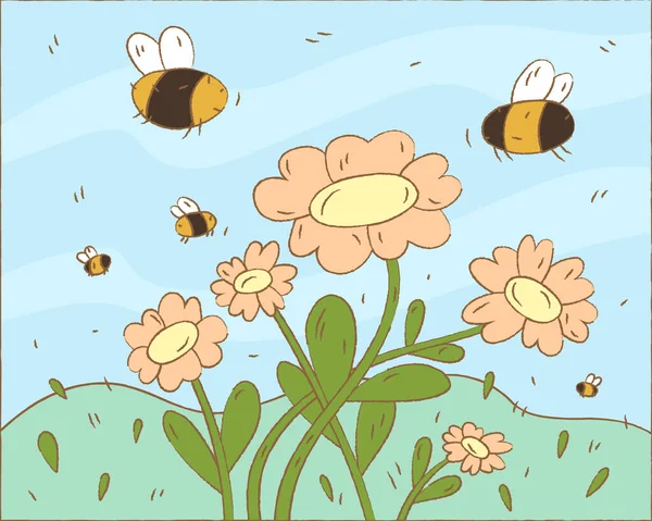 Dibujado Mano Lindo Verano Flores Abejas Florecientes Están Volando Alrededor — Vector de stock