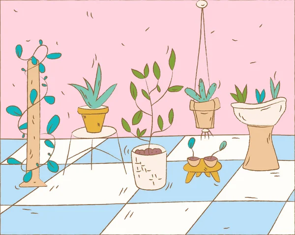 Plantas Interior Lindo Dibujado Mano Una Tienda Flores Doodle Vector — Archivo Imágenes Vectoriales