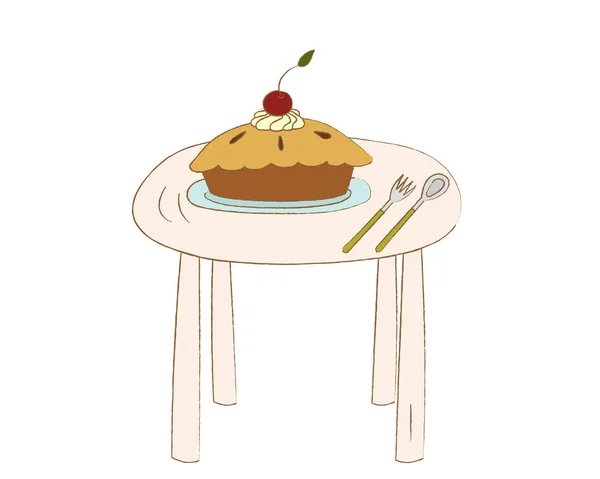 Handgezeichnete Süße Torte Mit Schlagsahne Und Kirsche Oben Auf Dem — Stockvektor