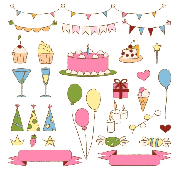 Set Dibujado Mano Para Una Celebración Cumpleaños Pastel Entero Trozo — Vector de stock