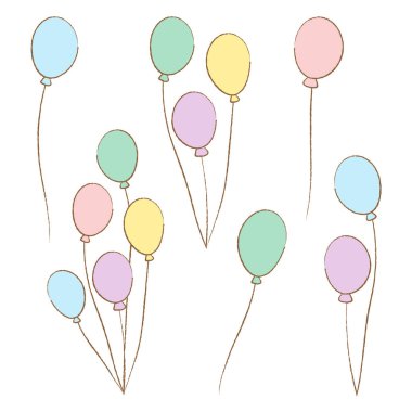Doğum günleri ve kutlamalar için el çizimi balonlar, partiler için dekorasyonlar, beyaz arka planda izole edilmiş vektör çizimleri