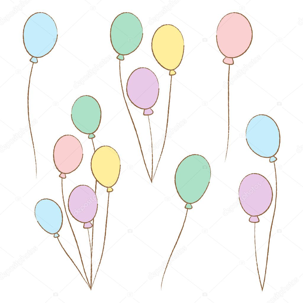 Hand drawn set of balloons for birthdays and celebrations, decorations for parties, isolated vector illustration on white background