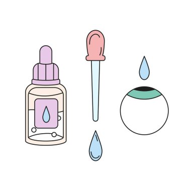 Göz küresi, göz damlası gibi renkli göz bilimi simgeleri. Beyaz arkaplanda izole vektör illüstrasyonu