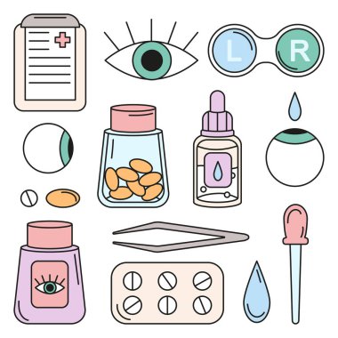 Göz damlası, göz damlası, hap, cımbız, kontakt lens kutusu, bir şişe hap gibi renkli göz bilimi ikonları. Beyaz arkaplanda izole vektör illüstrasyonu