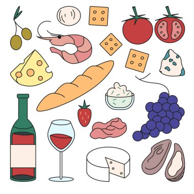 Şarap için kırmızı şarap ve yiyecek seti. Zeytin, camembert, mozzarella, çilek, üzüm, istiridye, karides, kraker, baget, domates, prosciutto. Beyaz arkaplanda izole edilmiş düz vektör çizimi