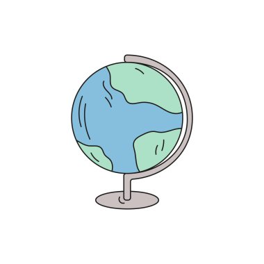 Okula dönüyorum. El çizimi karalama okulu unsuru. Coğrafya sınıfları için dünya. Beyaz arkaplanda izole vektör illüstrasyonu