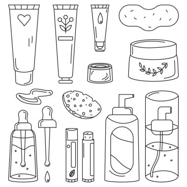 Yüz bakımı ürünlerinin ana hatlarını çizen el çizimleri, beyaz arka planda izole edilmiş vektör çizimleri.