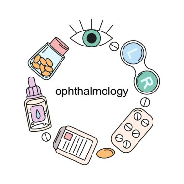 Göz damlası, göz damlası, hap şişesi, lens kutusu, pano, yuvarlak şekilli haplar, beyaz arkaplanda izole vektör çizimi içeren karalama renkli göz doktoru simgeleri.