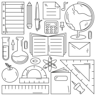 Okula dönüyorum. Elle çizilmiş karalama okulu öğeleri ana hatları. defter, kalem, kalem, elma, hesap makinesi, küre, zarf, silgi, cetvel, etiket. Beyaz arkaplanda izole vektör illüstrasyonu