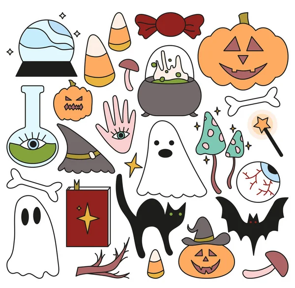 Set Disegnato Mano Elementi Halloween Scarabocchiare Mais Caramella Cappello Pipistrello — Vettoriale Stock