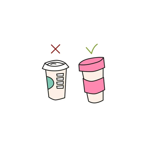 Concept Écologie Éléments Écologie Doodle Dessinés Main Tasse Café Plastique — Image vectorielle