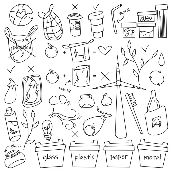 生态概念 一组手绘的涂鸦生态元素 环保袋 没有塑料 塑料袋 生态刷 金属吸管 垃圾桶 塑料咖啡杯 孤立向量图解 — 图库矢量图片