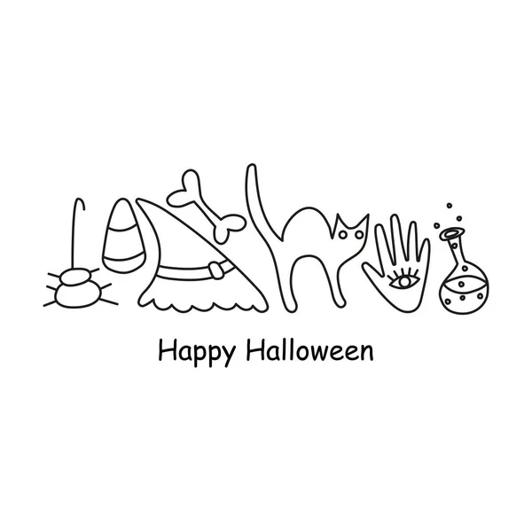Gribouille Affiche Halloween Avec Lettrage Éléments Contour Chat Araignée Maïs — Image vectorielle