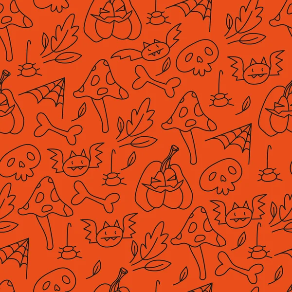 Seamless Pattern Doodle Halloween Icons Including Mushroom Bat Bone Leaf — Stock Vector