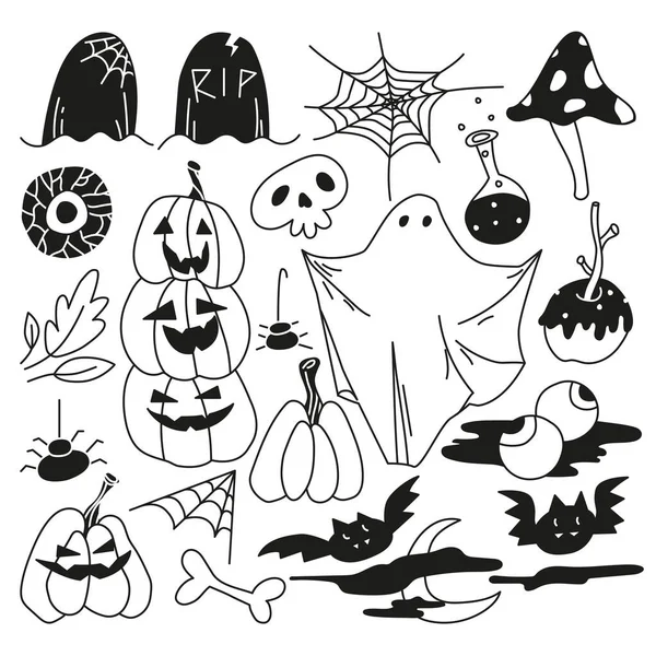 Concept Halloween Jeu Doodle Éléments Halloween Noir Blanc Chauve Souris — Image vectorielle