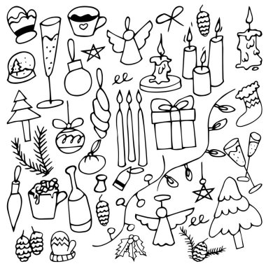 El çizimi Noel ve yeni yıl unsurları haleli melek, mücevherler, yanan mumlar, şampanya, mandalina, çam kozalağı, çelenk, Noel çorabı, şekerli sıcak çikolata