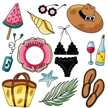 Vector seaside top view illustrations set with summer tropical beach accessories on white background. Swimsuit, lifebuoy, sunglasses, tote bag, sandals, green tropical leaf, watermelon slice, seashell