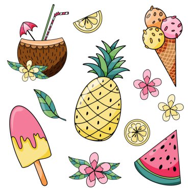 undefinedSummer holiday set with pineapple, slice watermelon, ice cream, lemon and popsicle hand drawn vector illustration isolated on white backgraund