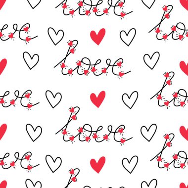 Bright Pink Colorful Valentine s Day Holiday Intertwined Heart Shape String Lights on White Background Vector Seamless Pattern. Cute Festive Love Background. Girly Print