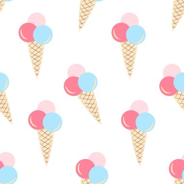 Ice cream in waffle cone seamless pattern. Isolated design in pink and blue pastel colors. Food backdrop. Perfect for wrapping paper, wallpaper, textile print and fabric. Vector illustration
