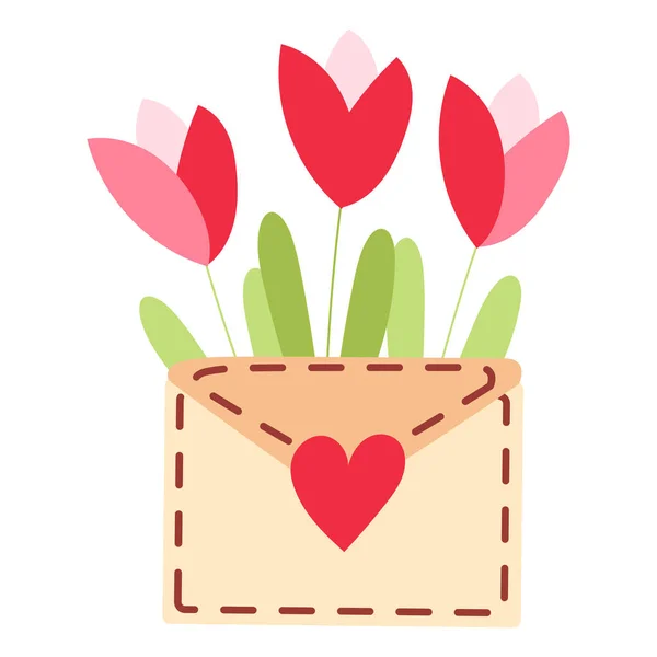 Cute envelope with flowers, plants inside and sending love lettering. Spring flowers bouquet. Love letter flat vector illustration. Happy Valentines day romantic background, banner design concept.