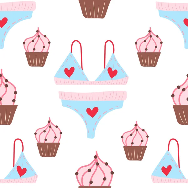 Seamless Pattern Cute Pink Cupcacke Underwear Herts Cute Food Illustration — Stok Vektör
