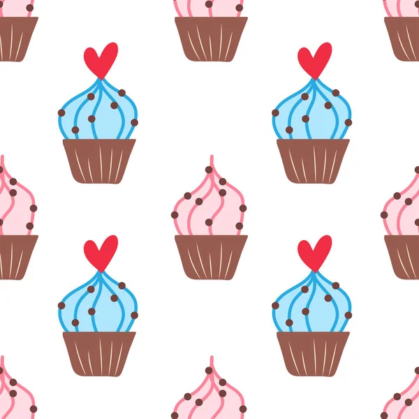 Seamless Pattern Cakes Hearts Vector Background Muffins White Background — Stok Vektör