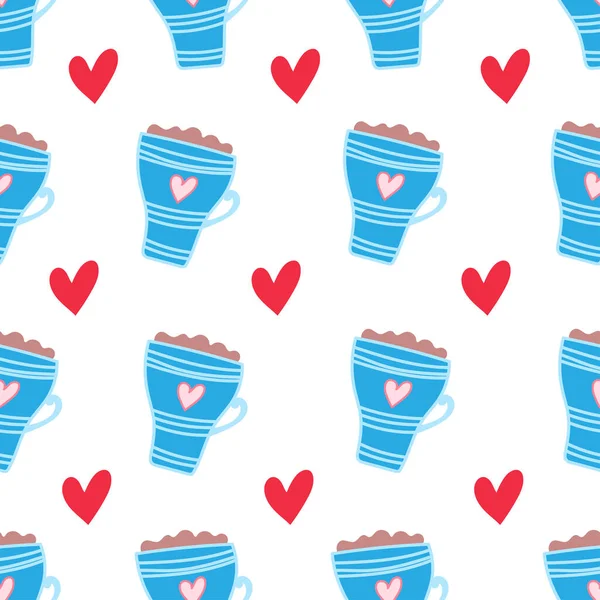 Vector Seamless Pattern Kawaii Coffee Cups Hearts Pastel Purple Background — Stok Vektör