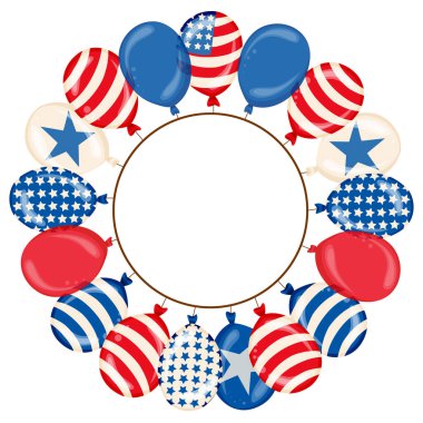 Independence day greeting frame with color balloons isolated on white background - round frame with place for text