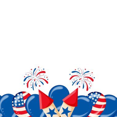 4th of July. USA independence day celebration background with balloons, flag and confetti. Festive border flat lay. Vector illustration