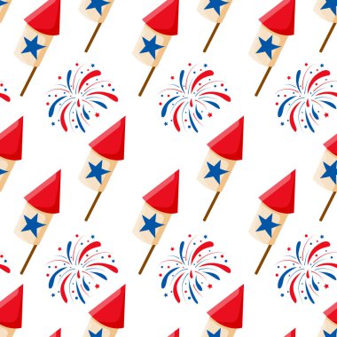 USA firework, rocket and stars seamless pattern background for national american holidays design. 4th of july celebration pattern.