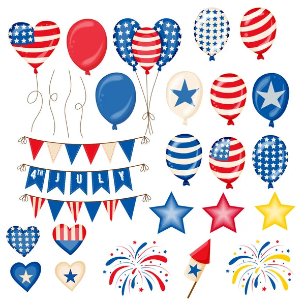 Fourth July Independence Day Symbols Set American Patriotic Illustration Balloons — Stok Vektör