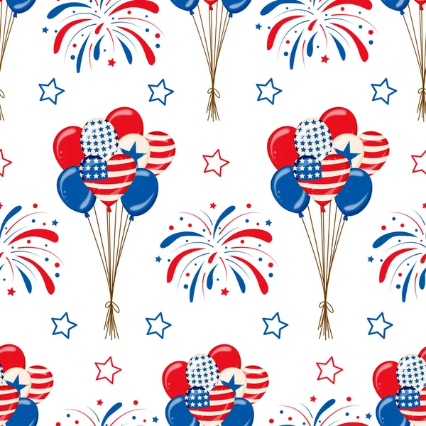 Vector Seamless Pattern Fireworks Balloons 4Th July — Stok Vektör