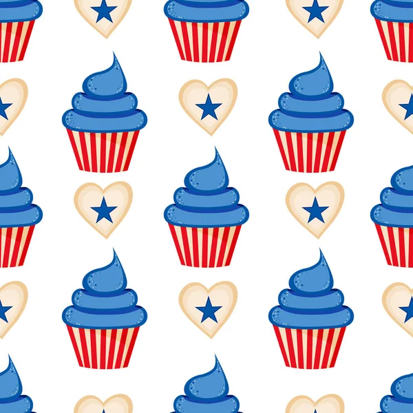 Vector Cupcake Herts Stars Seamless Pattern 4Th July Transparent Background — Stok Vektör