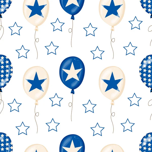 Seamless Pattern Blue Balloons Stars Independence Day American Patriotic Fabric — Stok Vektör