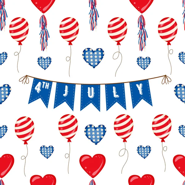Banner, balloons, hearts, bunting Or Flags In Red White And Blue Patriotic Colors seamless pattern.