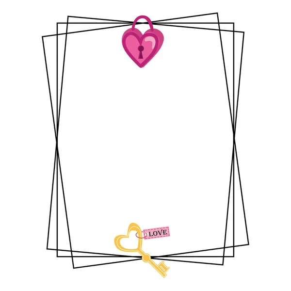 Square Frame With Lock And Key in Doodle Style. Isolated objects perfect for Valentine's day card or romantic post cards