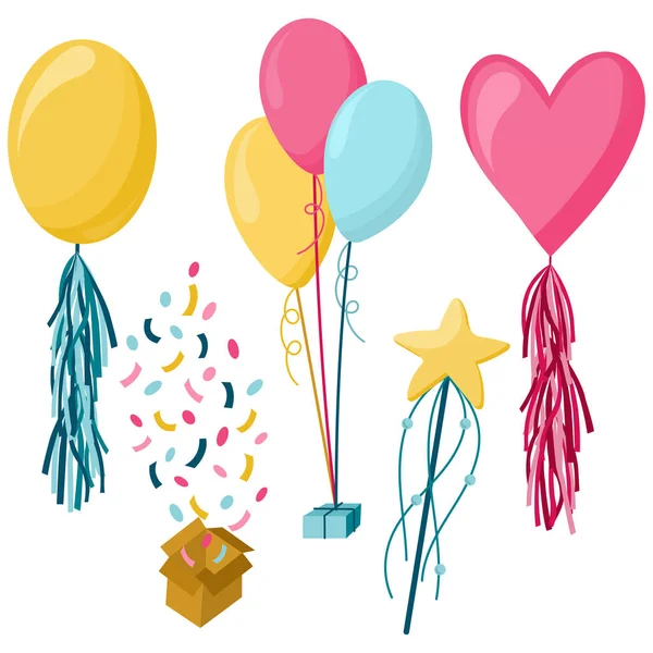 Birthday Party Isolated Elements Set Colorful Presents Balloons Magic Wand — Stok Vektör