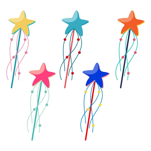 Set of the decorative magic wand with a star. Star shape magic accessory. Vector illustration isolated on white background. Web site page and mobile app design